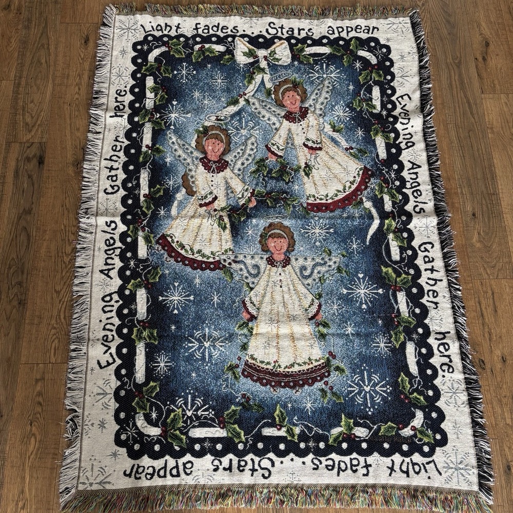 Vtg Crown Craft Woven‎ Christmas Angel Throw Blanket Tapestry